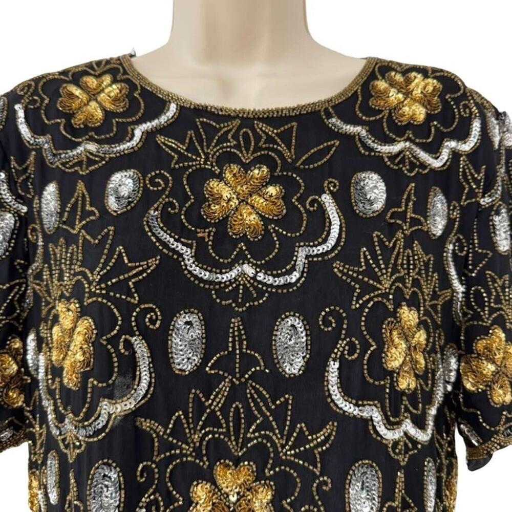 Adrianna Papell Evening Vintage Gold Silver Beaded Knee Length Formal Dress 12 - Picture 16 of 16